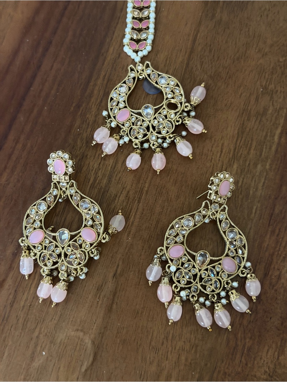 Gold-Tone Pink Stone Kundan Chandelier Earrings and Pendant Set